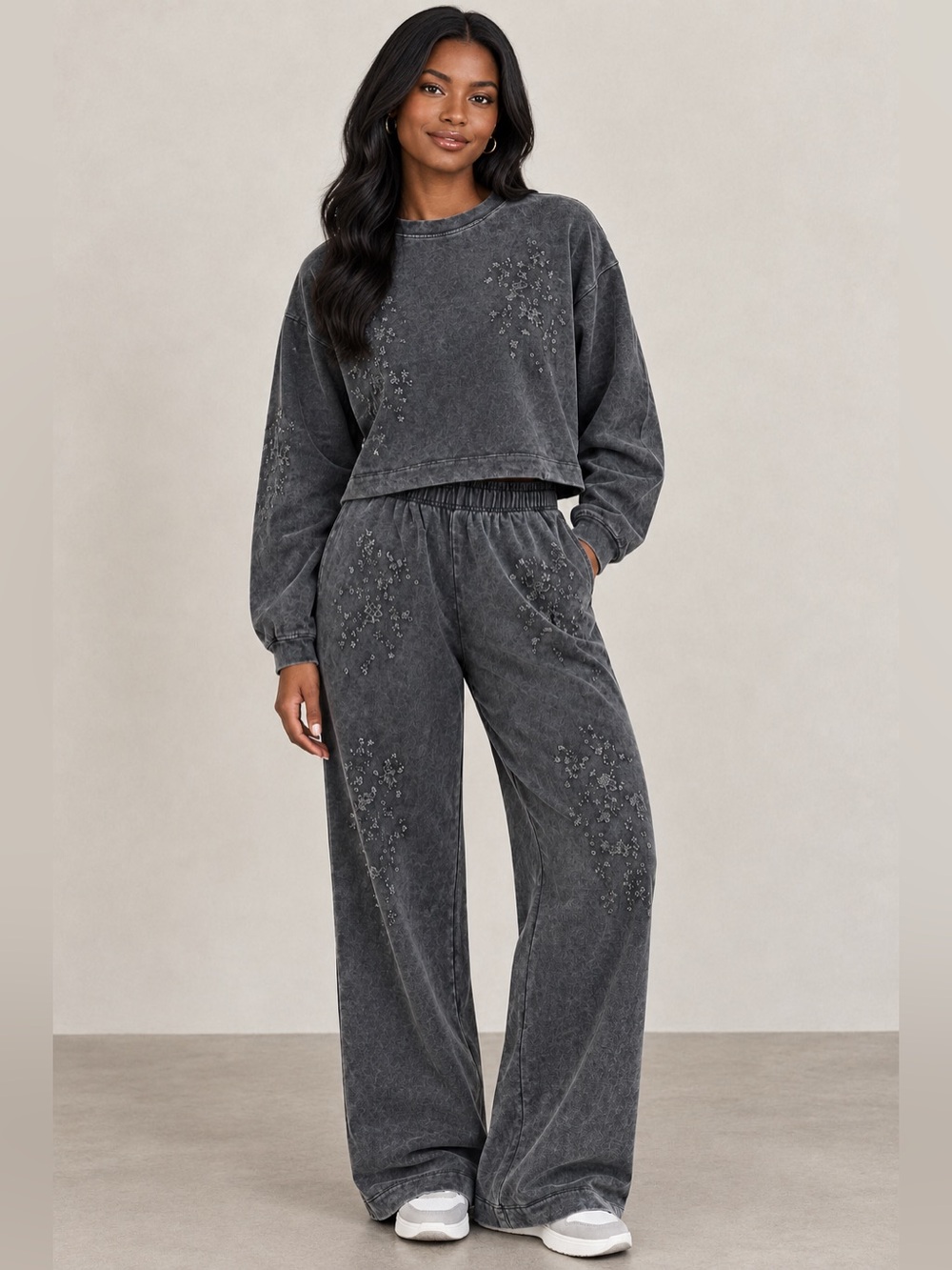 Zara Cropped Distressed Sweatshirt Wide Leg Set in Gray Size Small NWT